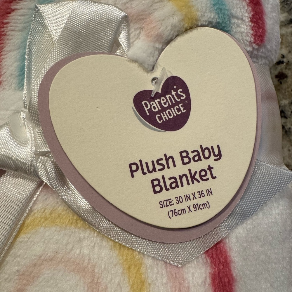 Parents' Choice Plush Baby Blanket NWT - White with Pink & Pastel Rainbow - Picture 2 of 3